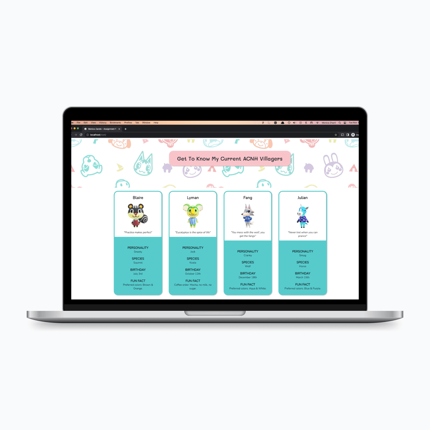 animal crossing villagers website mockup