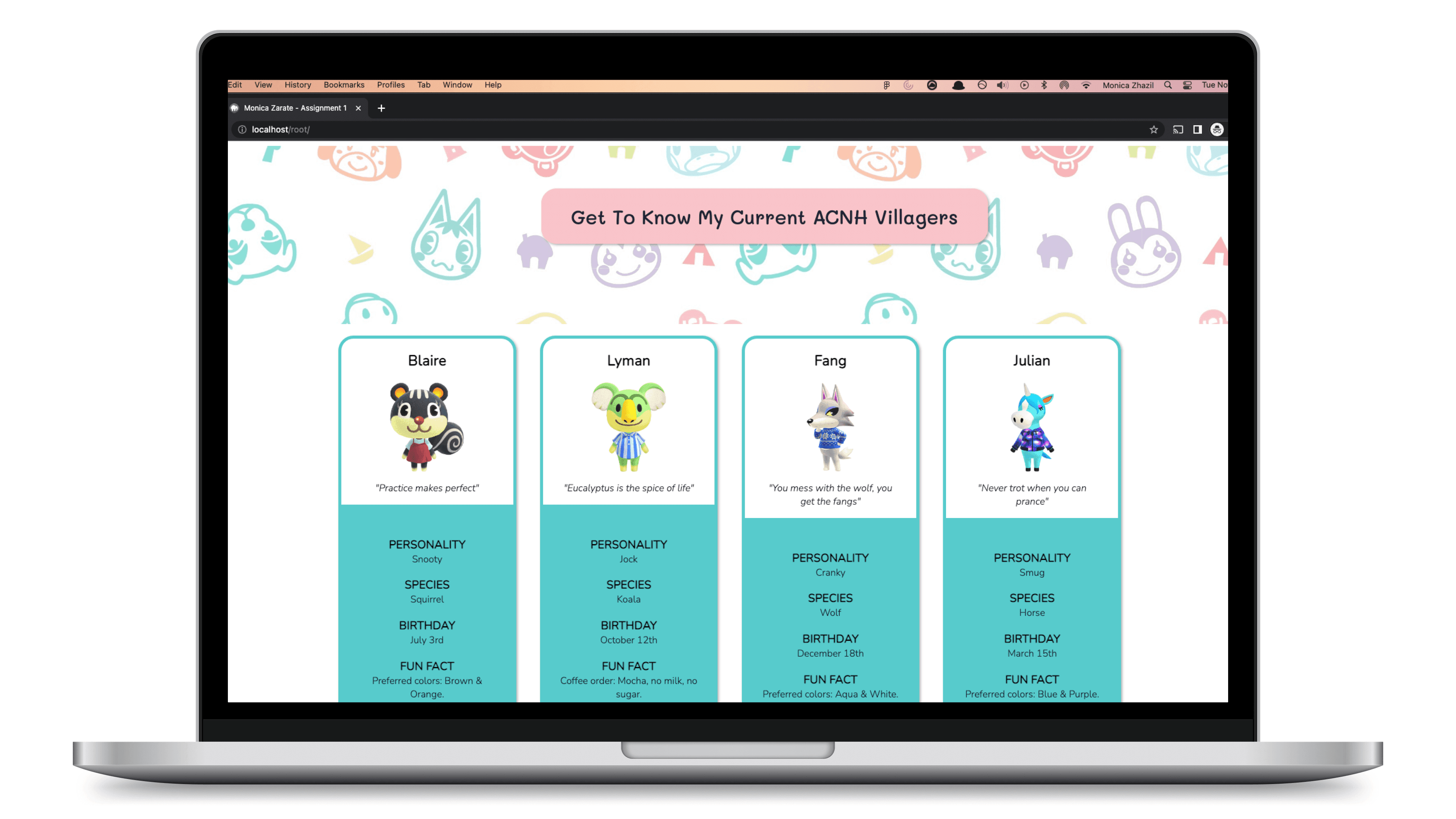 animal crossing villagers website mockup